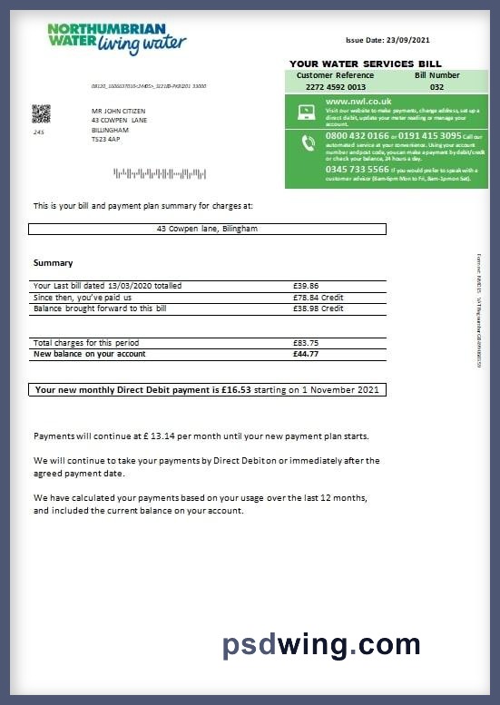 United Kingdom Northumbrian Water Utility Bill Version 1